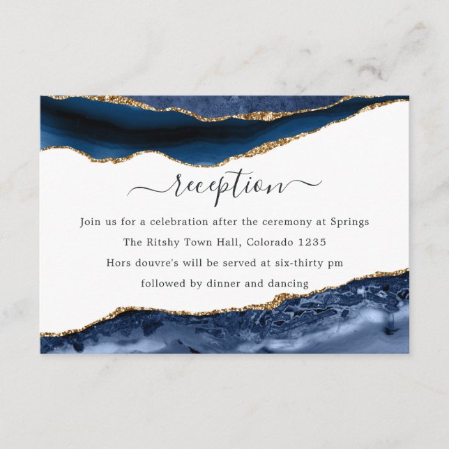 Navy and Gold Agate Wedding Reception Enclosure Card (Front)