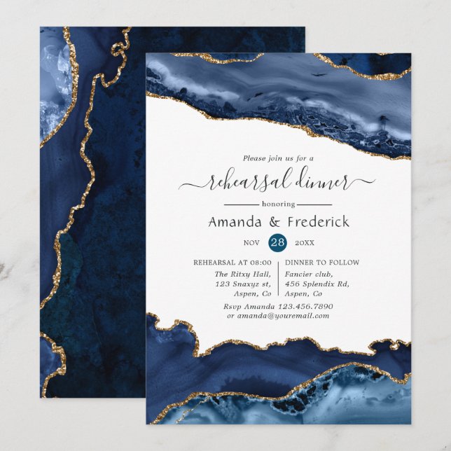 Navy and Gold Agate Wedding Rehearsal Dinner Invitation (Front/Back)