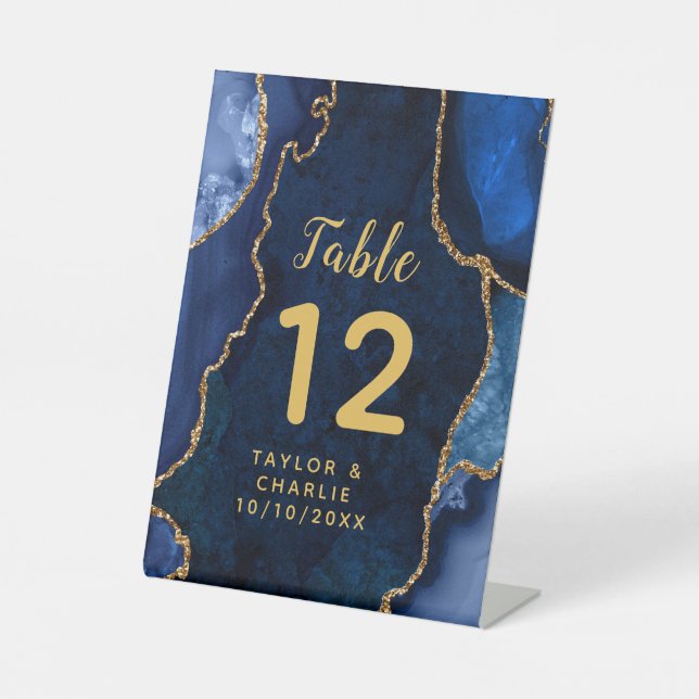 Navy and Gold Agate Wedding Table Number Pedestal Sign (Front)