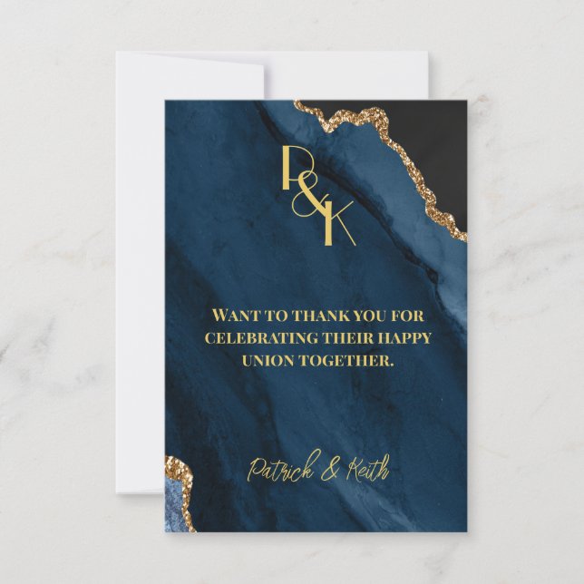 NAVY AND GOLD AGATE WEDDING  THANK YOU NOTE CARD (Front)