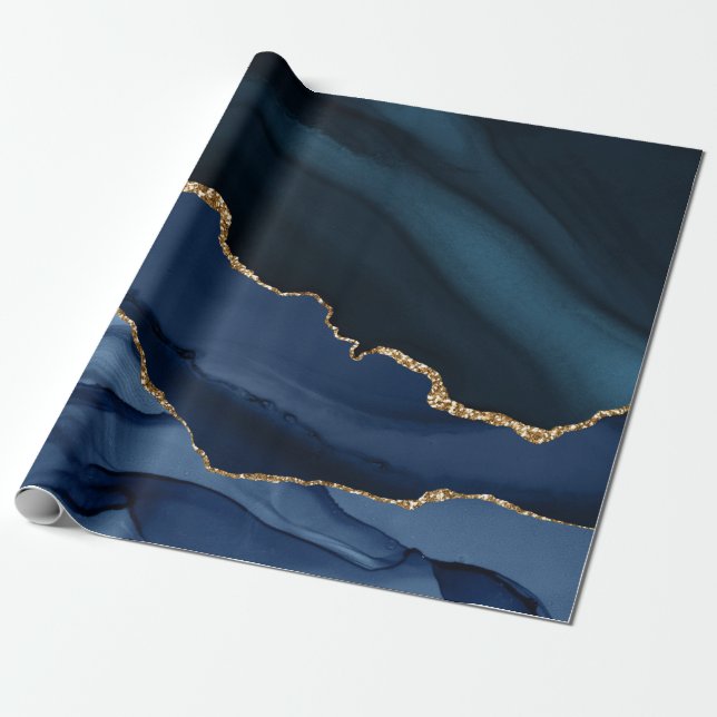 Navy and Gold Agate Wrapping Paper (Unrolled)