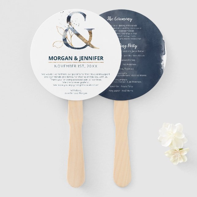 Navy and Gold ampersand Wedding program Hand Fan (Front and Back)