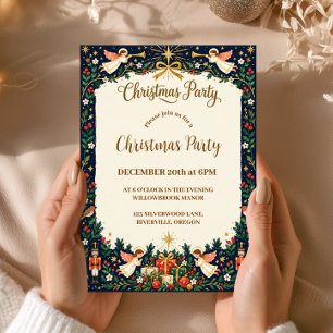 Navy and Gold Angel Christmas Party Invitation