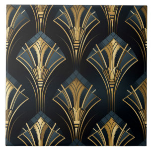 Navy and Gold Art Deco Diamond Fans Tile