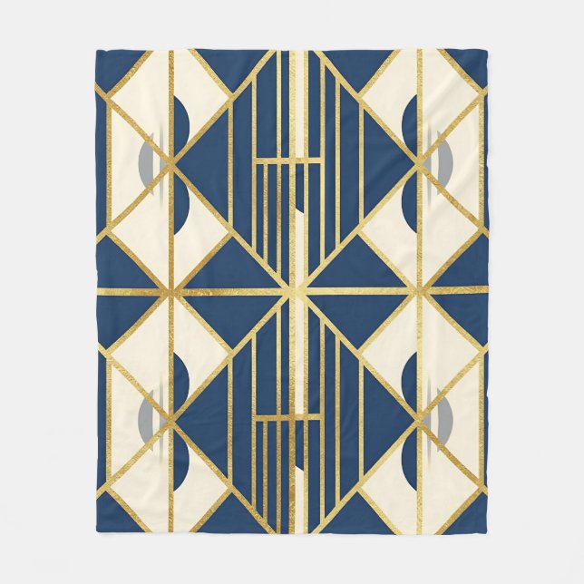 Navy and Gold Art Deco Geometric Pattern Fleece Blanket (Front)