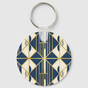 Navy and Gold Art Deco Geometric Pattern Key Ring