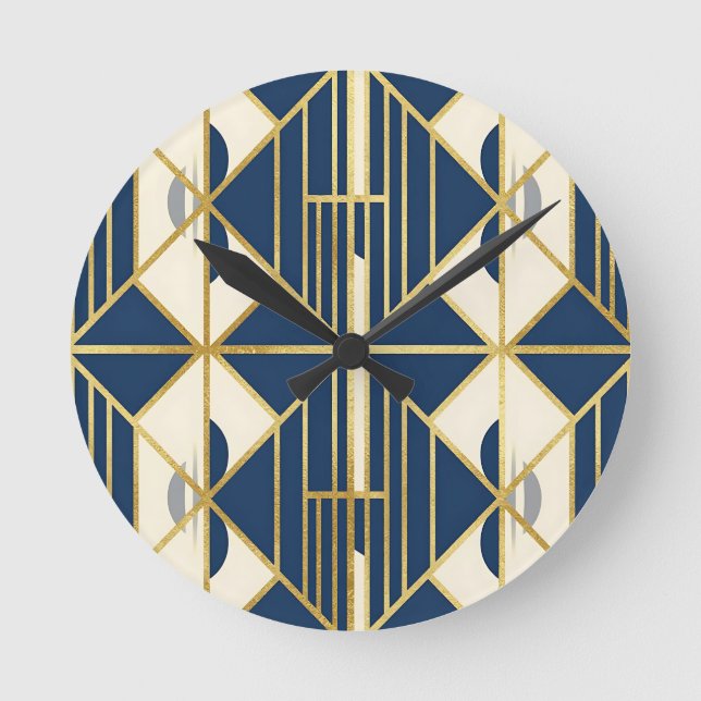 Navy and Gold Art Deco Geometric Pattern Round Clock (Front)
