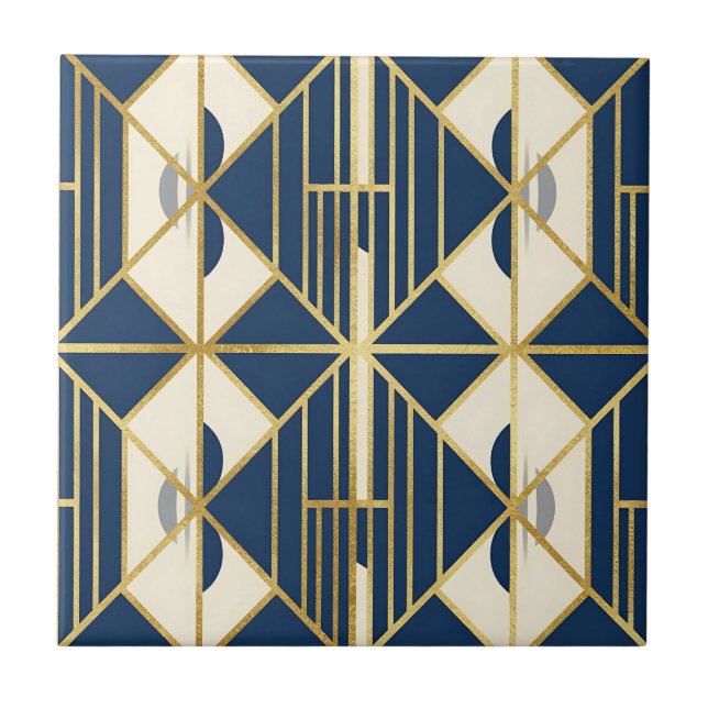 Navy and Gold Art Deco Geometric Pattern Tile (Front)
