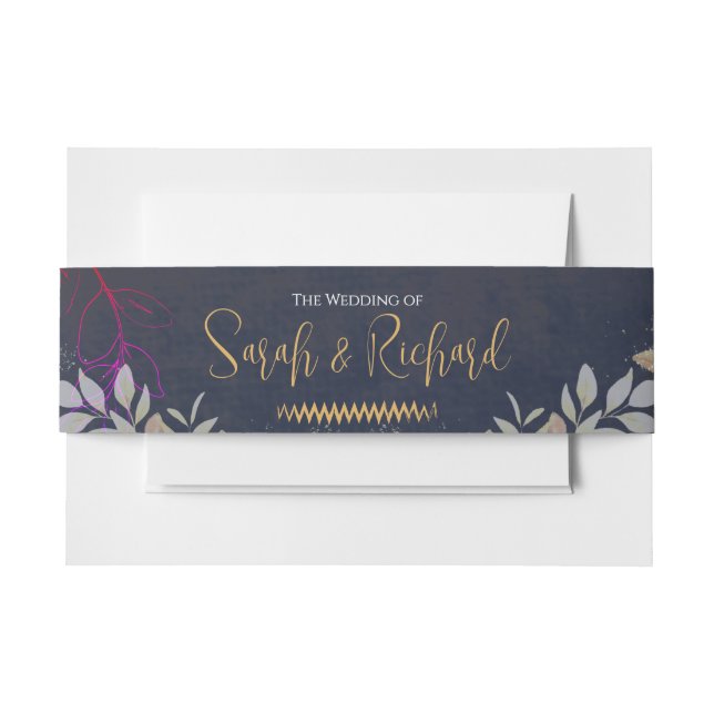 Navy and Gold Botanical Velvet Luxury Wedding Invitation Belly Band (Front Example)