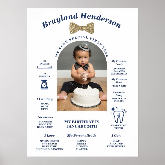 Navy and Gold Bowtie First Birthday Milestone Poster (Front)