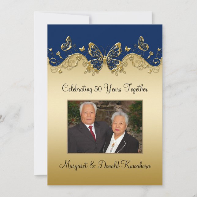 Navy and Gold Butterflies 50th Photo Anniversary Invitation (Front)