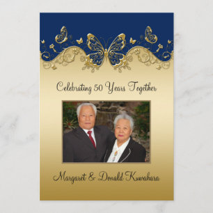 Navy and Gold Butterflies 50th Photo Anniversary Invitation