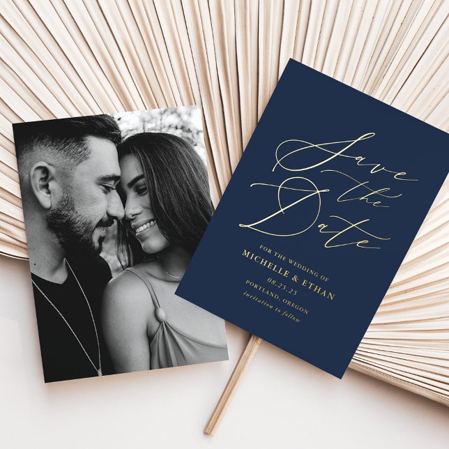 Navy and Gold Calligraphy Photo Save the Date (Creator Uploaded)