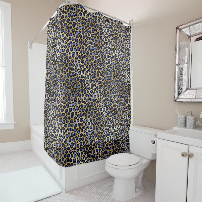 Navy and Gold Cheetah Print Shower Curtain (In Situ)