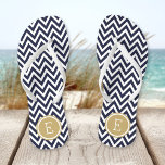 Navy and Gold Chevron Monogram Flip Flops<br><div class="desc">Custom printed flip flop sandals with a stylish modern chevron pattern and your custom monogram or other text in a circle frame. Click Customise It to change text fonts and colours or add your own images to create a unique one of a kind design!</div>