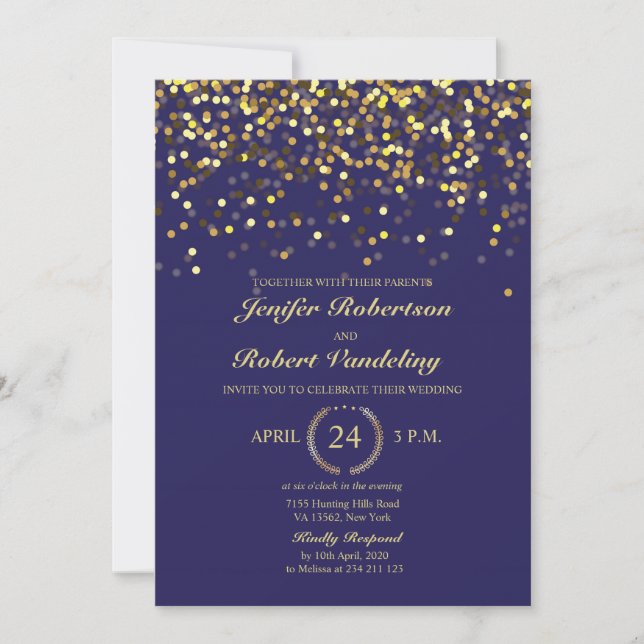 Navy and Gold Confetti Wedding Invitation (Front)
