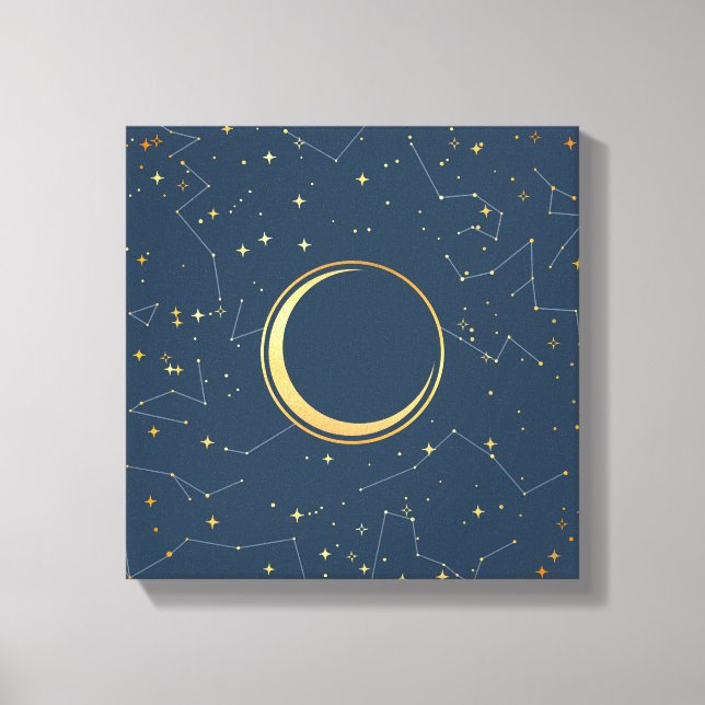Navy and Gold Crescent Moon Eclipse Constellations Canvas Print (Front)