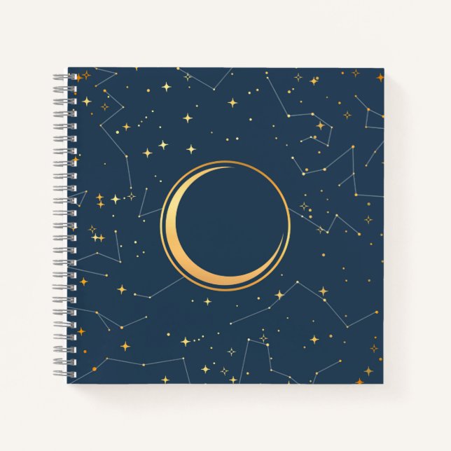 Navy and Gold Crescent Moon Eclipse Constellations Notebook (Front)