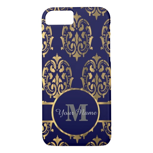 Navy and gold damask monogram Case-Mate iPhone case (Back)