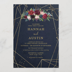Navy and Gold Elegant Floral Wedding Invitation