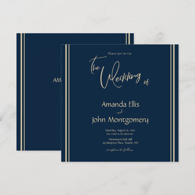 Navy and Gold Elegant Modern Wedding Invitation (Front/Back)