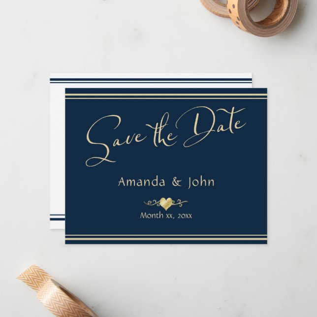 Navy and Gold Elegant Wedding Announcement (Front/Back In Situ)