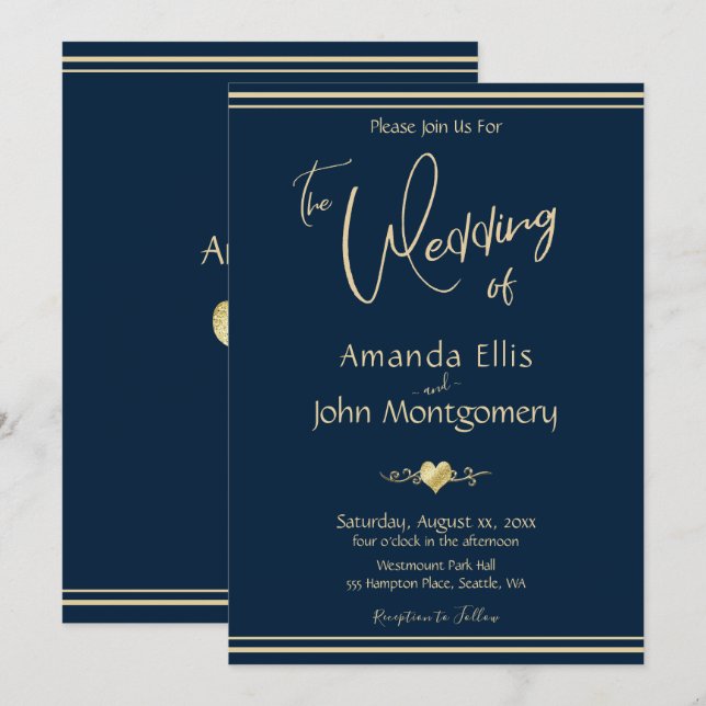 Navy and Gold Elegant Wedding Invitation (Front/Back)