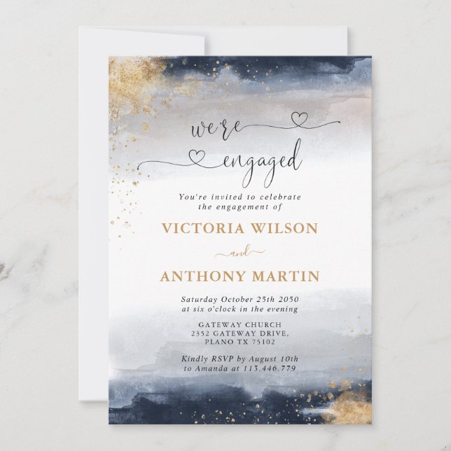 Navy and Gold Engagement Party Invitation (Front)