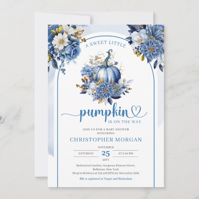 Navy and gold floral a little pumpkin wreath boho invitation (Front)