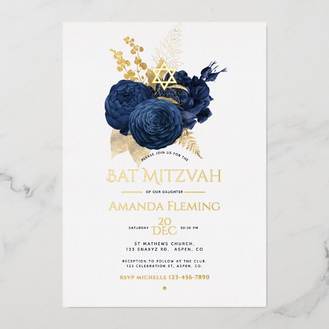 Navy and Gold Floral Bat Mitzvah Photo (Front)