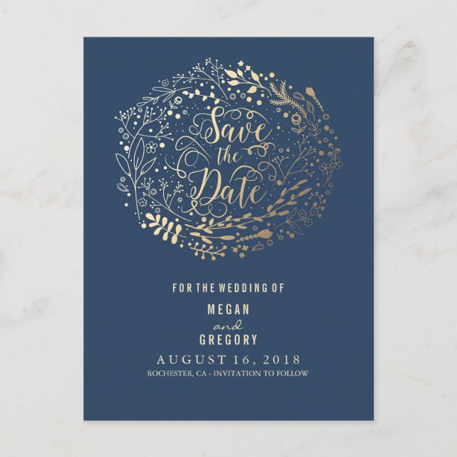 navy and gold floral bouquet wreath save the date announcement postcard (Front)
