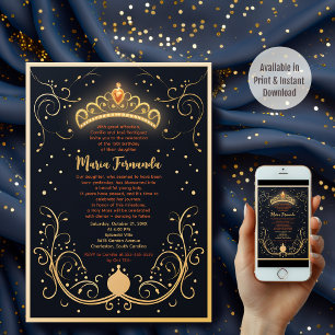 Navy and Gold Floral Crown Quinceañera Party Invitation