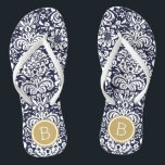 Navy and Gold Floral Damask Monogram Flip Flops<br><div class="desc">Custom printed flip flop sandals with a stylish elegant floral damask pattern and your custom monogram or other text in a circle frame. Click Customise It to change text fonts and colours or add your own images to create a unique one of a kind design!</div>