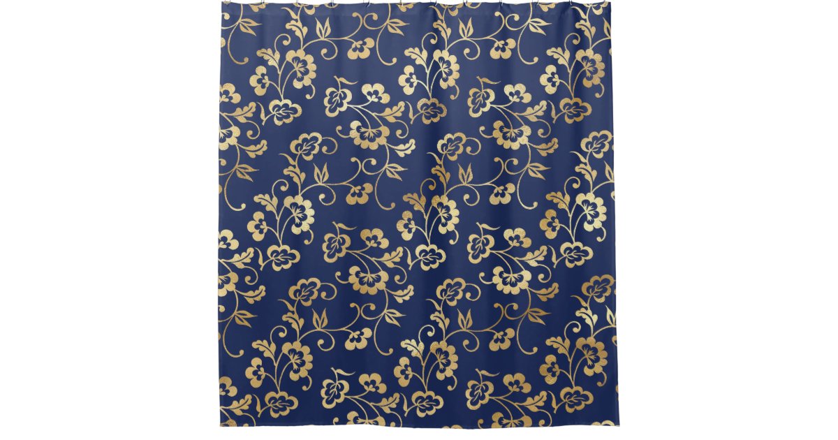 Navy and Gold Floral Pattern Shower Curtain Zazzle