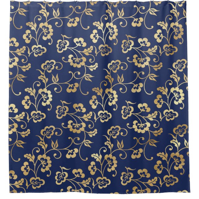 Navy and Gold Floral Pattern Shower Curtain (Front)
