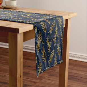 Navy and Gold Floral Sprig Short Table Runner