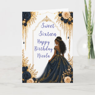 Navy and Gold Floral Sweet Sixteen Party Card