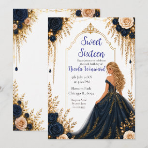Navy and Gold Floral Sweet Sixteen Party Invitation