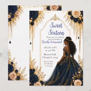Navy and Gold Floral Sweet Sixteen Party Invitation
