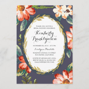 navy and gold floral vintage bridal shower invitation