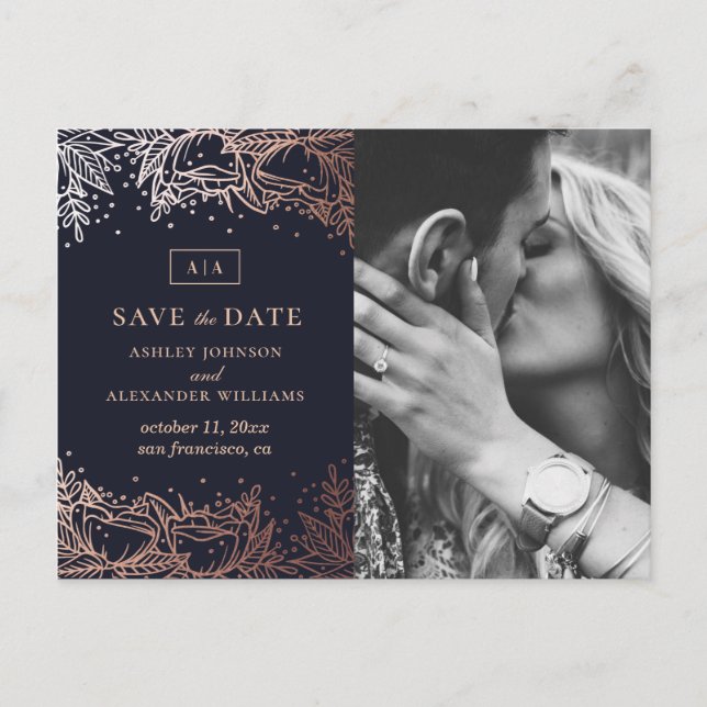 Navy and gold floral wedding. Blue Save the Date Postcard (Front)