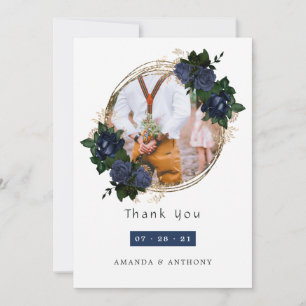 Navy and Gold Floral Wedding Photo Collage Thank You Card