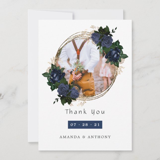 Navy and Gold Floral Wedding Photo Thank You Card (Front)