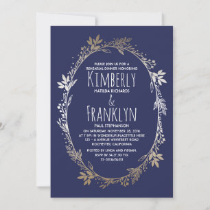 Navy and Gold Floral Wreath Rehearsal Dinner Invitation