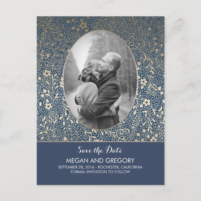 Navy and Gold Flowers Chic Photo Save the Date Announcement Postcard (Front)