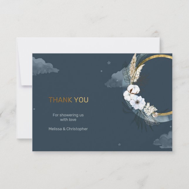 Navy and gold foil over the moon baby shower thank you card (Front)