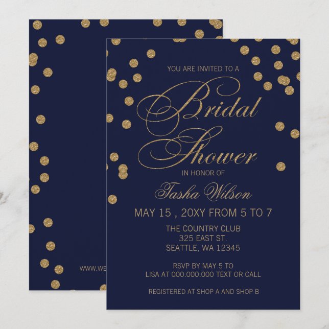 Navy and Gold Glitter  Confetti Bridal Shower Invitation (Front/Back)