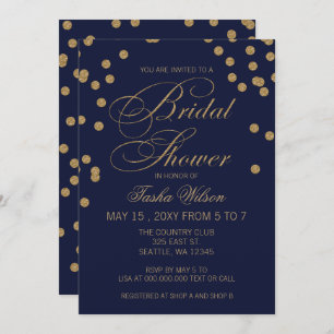 Navy and Gold Glitter Confetti Bridal Shower Invitation