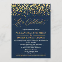 Navy and Gold Glitter Confetti Wedding Invitation