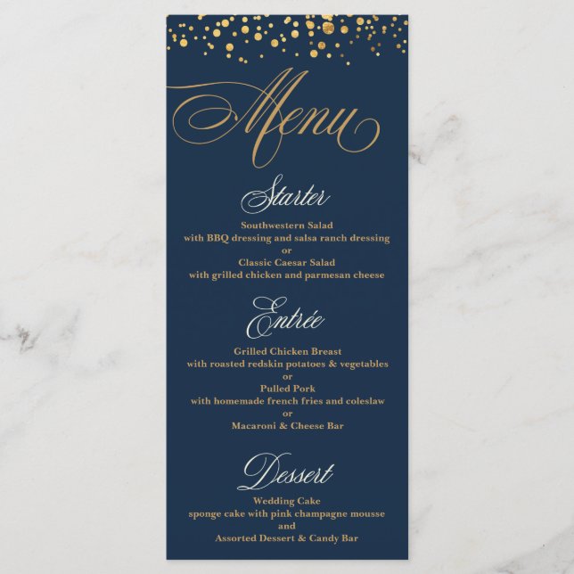 Navy and Gold Glitter Confetti Wedding Menu (Front)